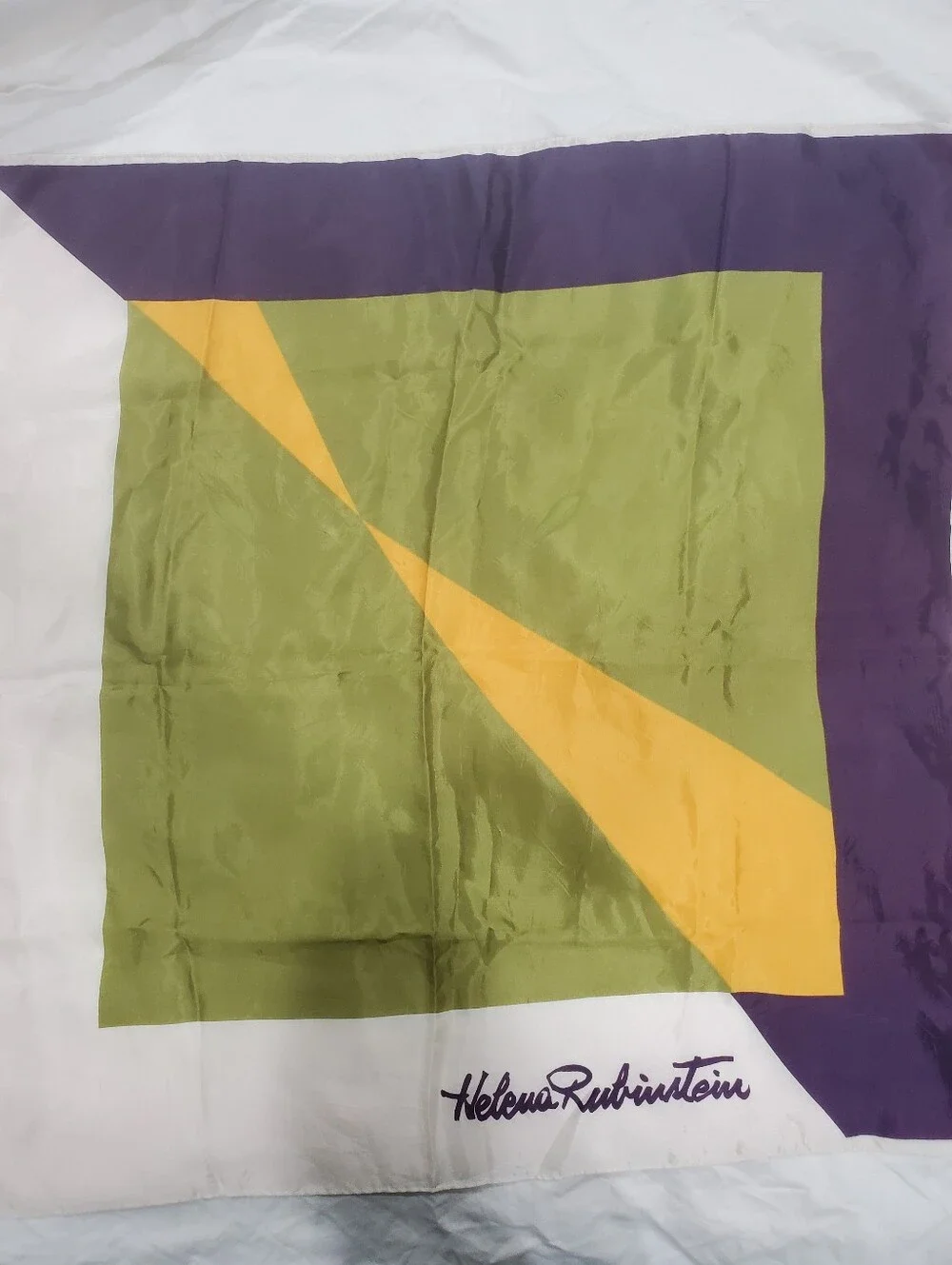 Vintage Helena Rubinstein Signature Scarf 26x26 Square Green Purple Yellow White